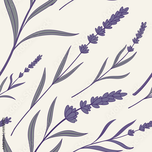 Delicate lavender sprigs with slender leaves arranged in a pleasing repeat pattern on soft background