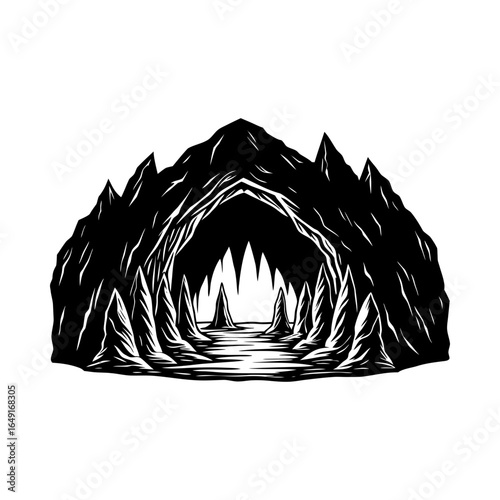Cave entrance with stalagmites and stalactites silhouette