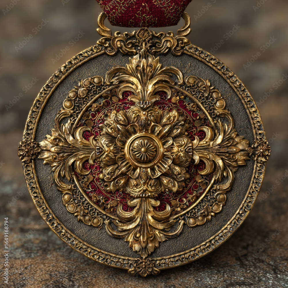 Fototapeta premium Ornate Gold Medal with Red Background Pattern