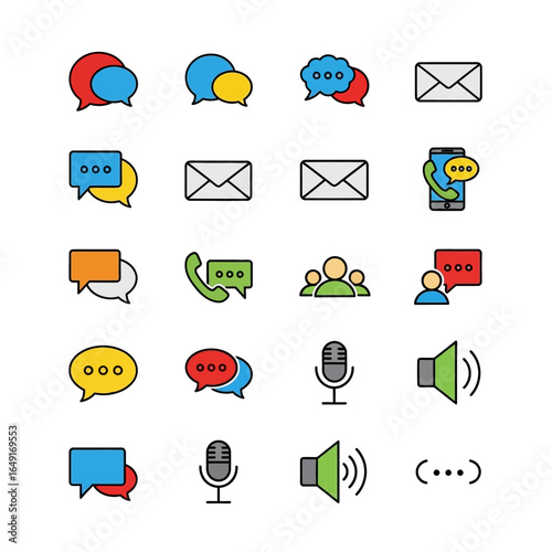 Communication icons portray messaging dialogue across various media flatly