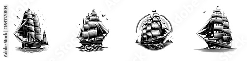 Detailed vintage sailing ships with intricate designs showcasing nautical themes and artistry in a monochrome style