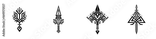 Unique tribal-inspired designs featuring various spears and symbols reflecting cultural artistry and creativity