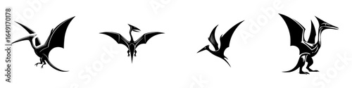 Stylized illustrations of flying reptiles in various poses with dynamic shapes and contrasting shadows