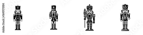 Decorative nutcracker dolls displayed in a row during the holiday season in a festive setting