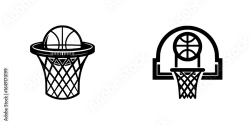 Basketball hoop and ball illustrations showcasing sport elements for design or branding