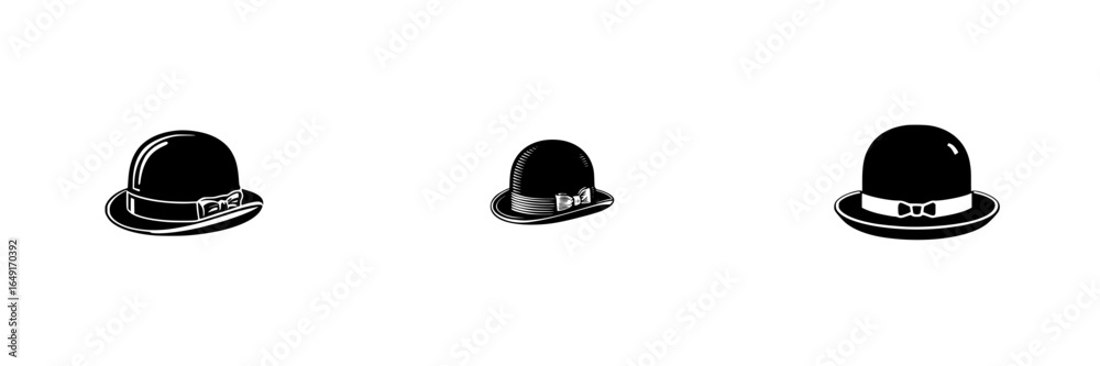 Fototapeta premium Different styles of bowler hats displayed in a row with varying sizes against a plain background