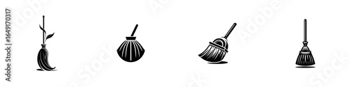 Brooms of various designs and styles displayed in a minimalist layout at a cleaning supplies market