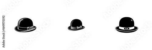 Different styles of bowler hats displayed in a row with varying sizes against a plain background