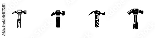 Different designs of hammers displayed in a uniform style, showcasing variety in tools commonly used in construction and DIY activities
