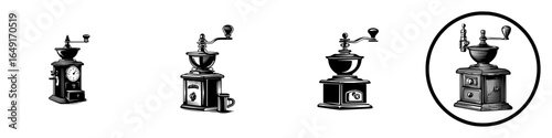 Various vintage coffee grinders showcasing intricate designs and mechanisms from different eras, highlighting craftsmanship and history