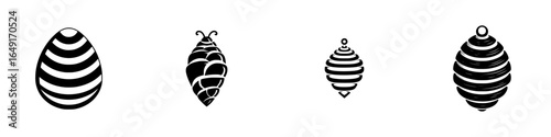 Modern black and white illustrations of striped egg and pine cone shapes in various sizes