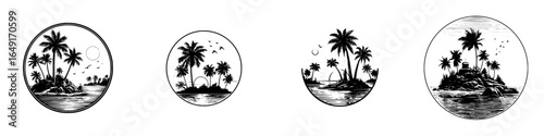 Tropical island illustrations show serene landscapes with palm trees and calm waters during sunset