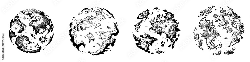 Fototapeta premium Artistic depiction of four unique planets highlighting varied terrains and landscapes in a science fiction style