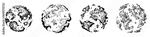 Artistic depiction of four unique planets highlighting varied terrains and landscapes in a science fiction style