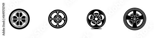 Collection of various wheel designs displayed in a row showcasing different styles and shapes for artistic inspiration and design purposes