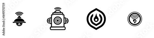 Fire safety symbols including alarms, hydrants, and monitoring devices displayed on a clean background