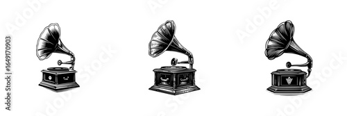 Vintage gramophones displayed in a creative arrangement showcasing classic music history