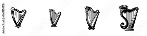 Selection of four beautifully designed harps depicting different styles and sizes in black and white