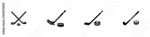 Various hockey equipment illustrations on a white background showcasing sticks and pucks in action