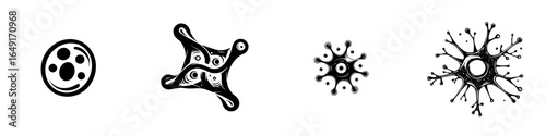 Unique black and white illustrations of abstract organic shapes representing various microorganisms and cells in a minimalistic design