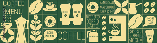 Geometric coffee pattern in minimalist style. Abstract print background with simple shapes for coffee shop, food packaging, cafe wall, menu. Coffee-themed block illustration with coffee beans, cups
