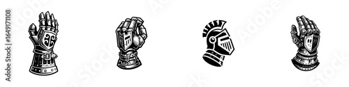 Detailed illustrations of medieval armor and knight equipment showcasing gloves and helmet designs