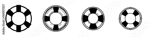 Various lifebuoy designs displayed in a row on a white background featuring distinct color patterns and shapes