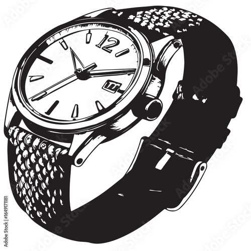 Stylish wristwatch with leather strap in black and white illustration