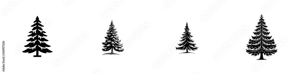 Obraz premium Various silhouettes of evergreen trees arranged in a row with different heights and styles against a plain background