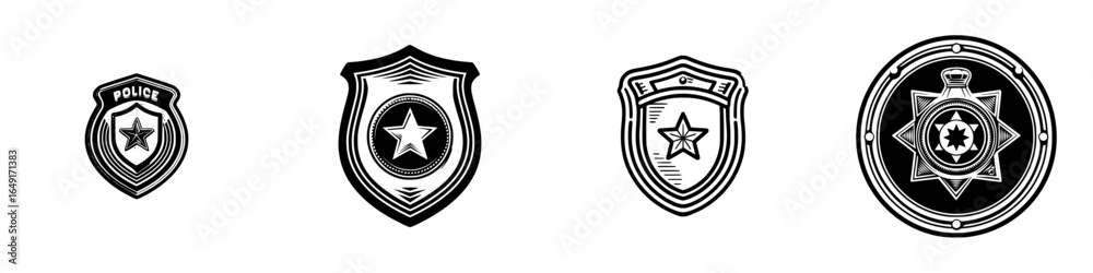 Obraz premium Various police and security badge designs featuring stars and shields displayed in a sequential arrangement