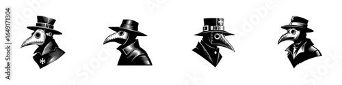 Unique illustrations of plague doctors showcasing various hats and attire in a dark artistic style