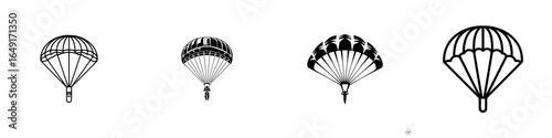 Four distinct parachute designs illustrate various styles and features used in skydiving and parachuting activities