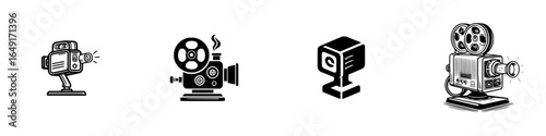 Collection of vintage film projectors and cameras showcasing cinematic history from various eras
