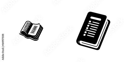 Illustrations of an open book and a closed book in a simple two-part design