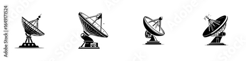 Different styles of satellite dishes used for signal transmission in various settings around the world