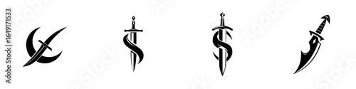 Various sword designs featuring unique styles and silhouettes against a white background, showcasing creativity and artistry