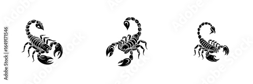 Three detailed black scorpions in different poses showcasing the creature's unique features and nature