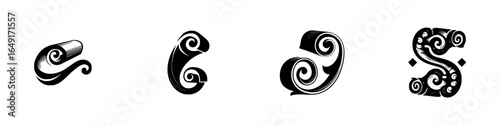 Decorative swirls and patterns showcasing artistic design elements in monochrome on a white background