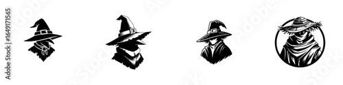 Mysterious figures wearing hats and scarves in a stylized black and white design