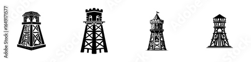 Different styles of watchtowers displayed in various designs emphasizing vertical structures and architecture