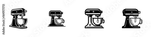 Different styles of stand mixers arranged together in a horizontal line against a plain background
