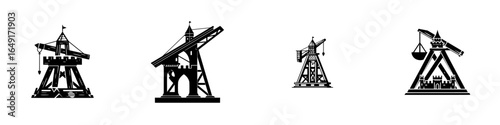 Medieval siege engines displayed in a stylized format showcasing their intricate designs and historical significance in warfare