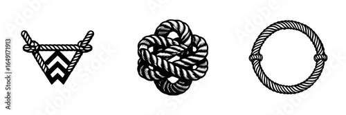 Unique designs of knots and ropes featured in bold black and white styles for nautical and artistic inspiration