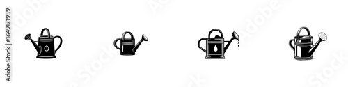 Different styles of watering cans displayed in a minimalist arrangement on a white background