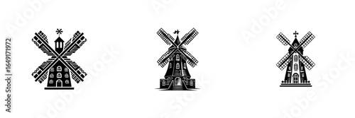 Old windmills with distinct designs stand proudly against a white backdrop showcasing traditional architecture and craftsmanship