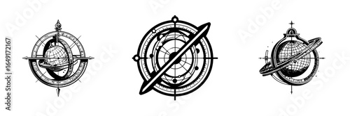 Artistic representations of globes and navigational instruments in black and white design