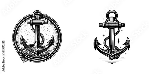 Black and white anchor designs showcasing maritime symbols with intricate detailing for nautical themes