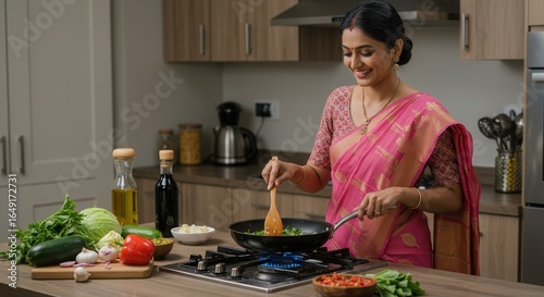 Smiling Indian Woman in Pink Saree Cooking in Modern Kitchen – Home Cooking Concept