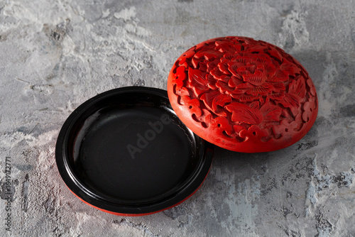 Photos Urushi Shunikuire Chinese Cinnabar Lacquer Inkpad Box Peony Arabesque