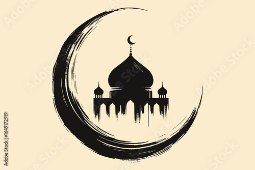 Mosque with crescent moon brush sketch black on beige vector illustration